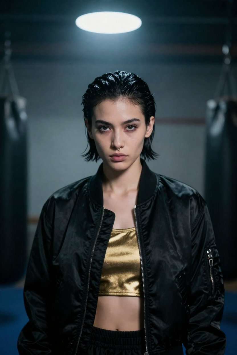 Editorial portrait of a fictional 28-year-old woman with slicked-back wet-look black hair and a small gold
